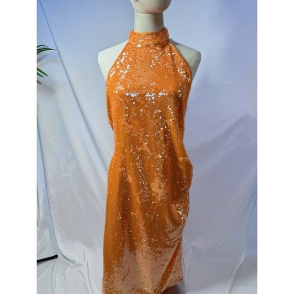 Caroline Constas Orange Halter Fully Lined Midi Sequin Dress Size Large NWT - Picture 5 of 10